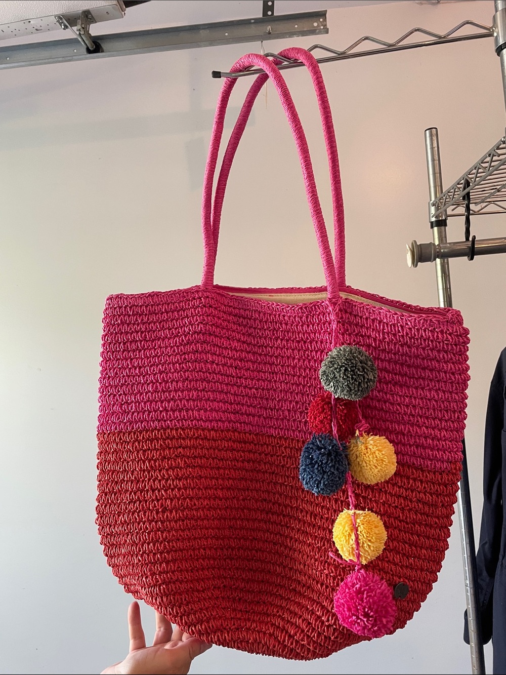 Billabong Pink and Red Crochet Tote with Multicolor Pom-Poms